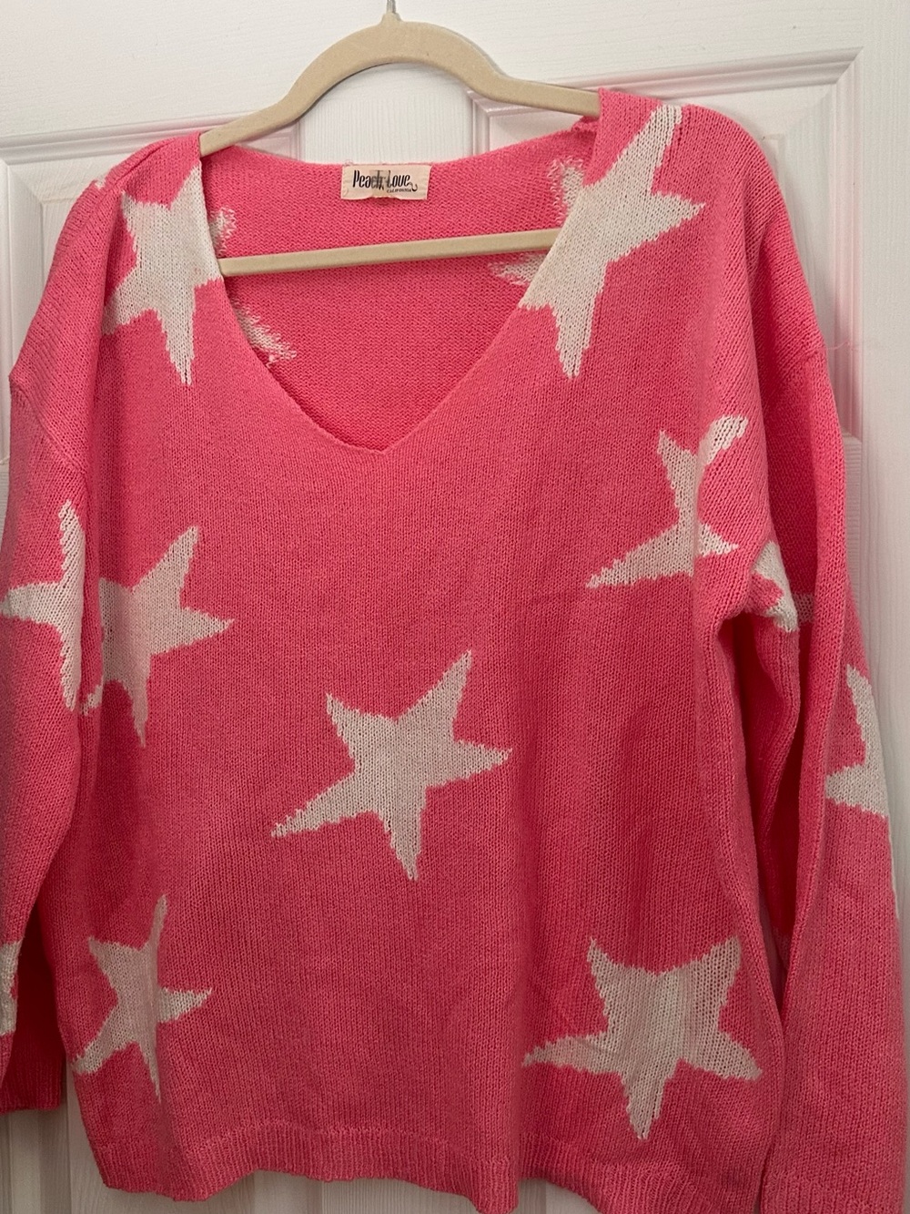 Peach Love California Pink V-Neck Star Sweater